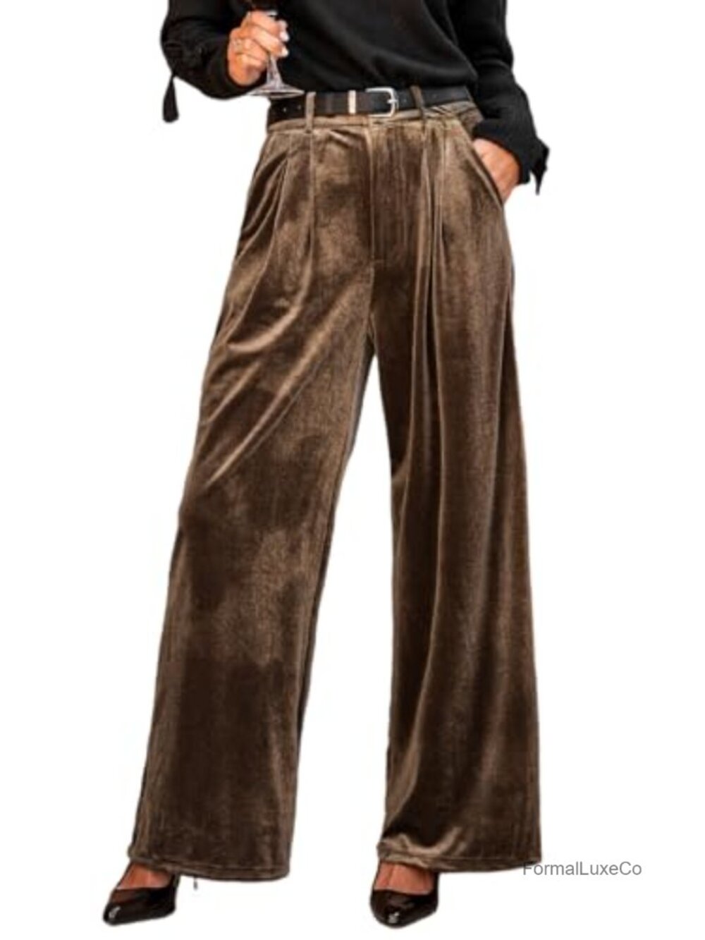 Velvet Wide Leg Palazzo Work Pants with Pockets Pull On